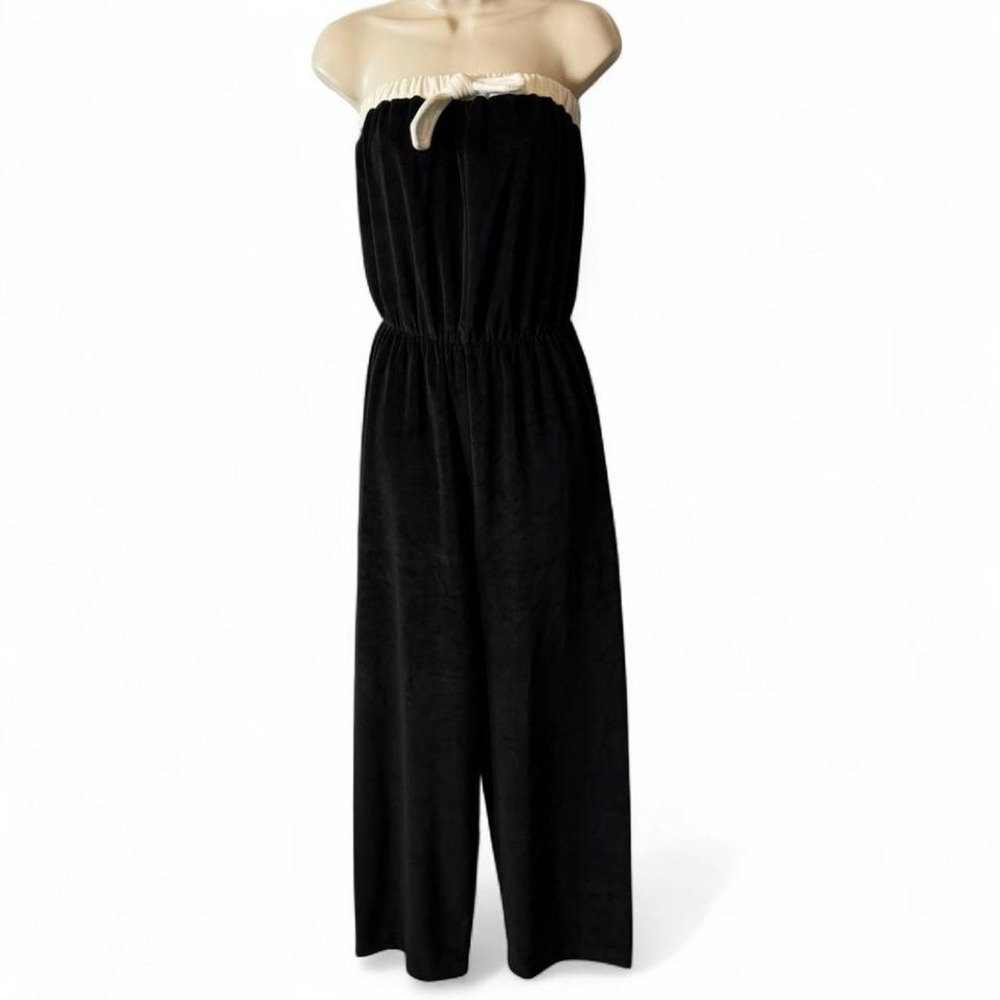Vintage 70s Gertrude Davenport Black Terry Velour Strapless‎ Jumpsuit, Women's M